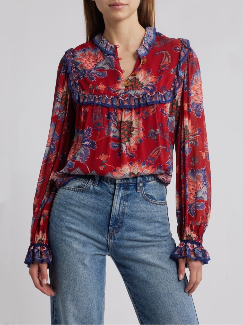 Farm Rio Long Sleeve Popover Top
